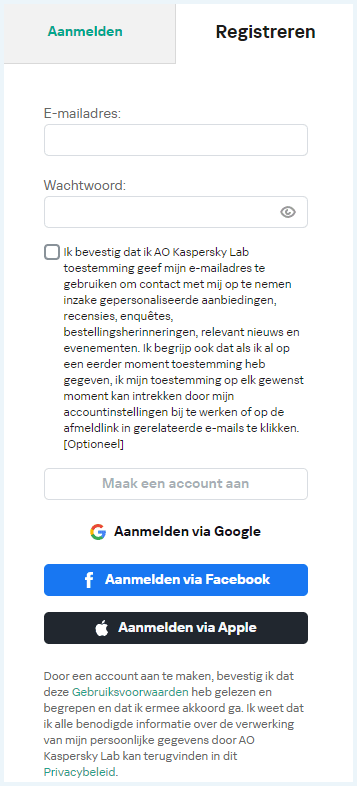Het scherm om een account te registreren bij Kaspersky VPN Secure Connection