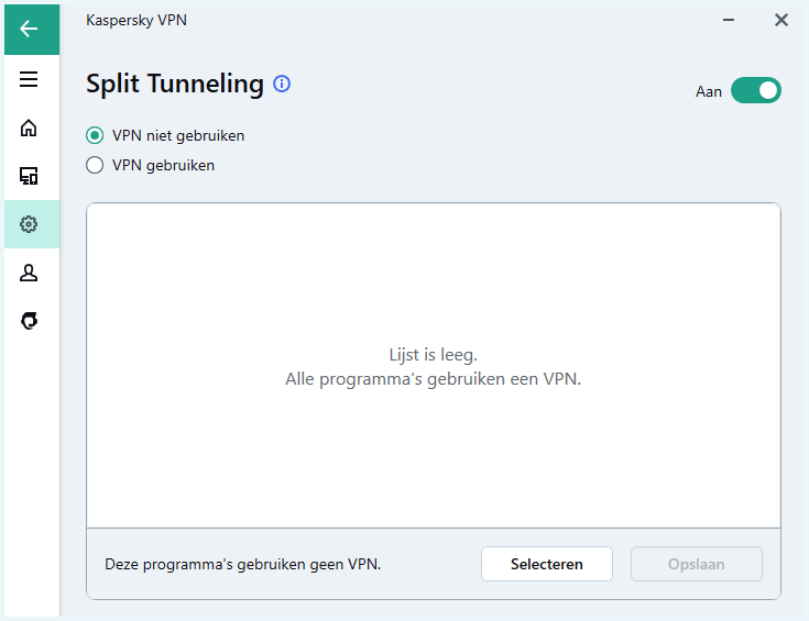 De pagina "Split Tunneling" in de Kaspersky VPN Secure Connection Windows client
