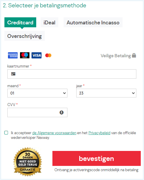 Formulier om een betaalmethode om te geven op de Kaspersky VPN Secure Connection website