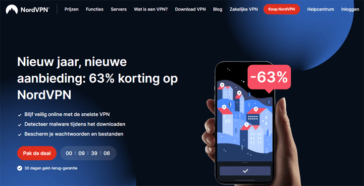 Homepage van de NordVPN website