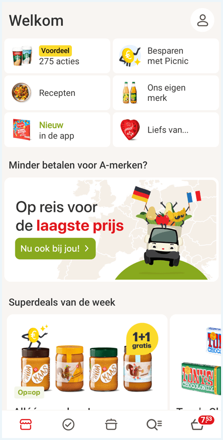 Homescherm van de app van Picnic