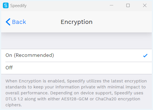 Het scherm "Encryption" in de Speedify app