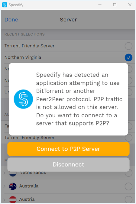 Melding in de Speedify app dat je een P2P programma wilt gebruiken met de vraag of je wilt overstappen op een P2P-server