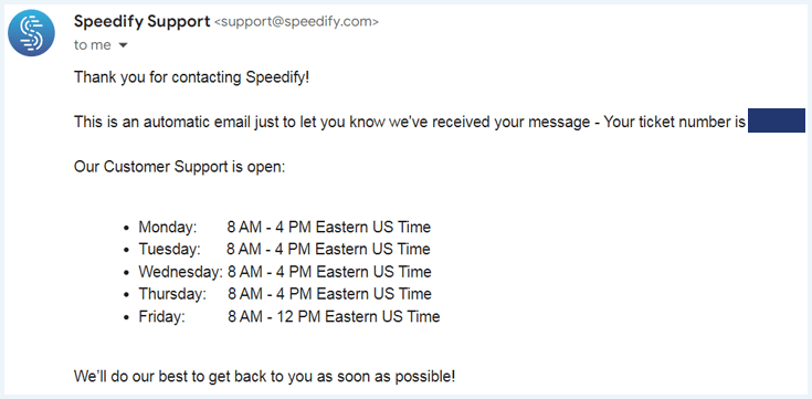E-mail met de openingstijden van Speedify Support