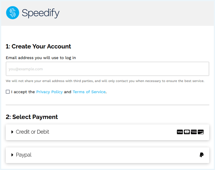 Het scherm "Create Your Account" op de Speedify website