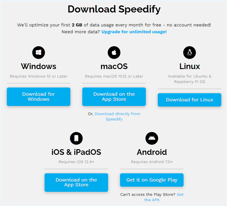 Downloadopties voor de app van Speedify zoals vermeld op de Speedify website