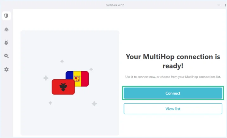 Het scherm "Your MultiHop connection is ready!" in de Surfshark VPN software
