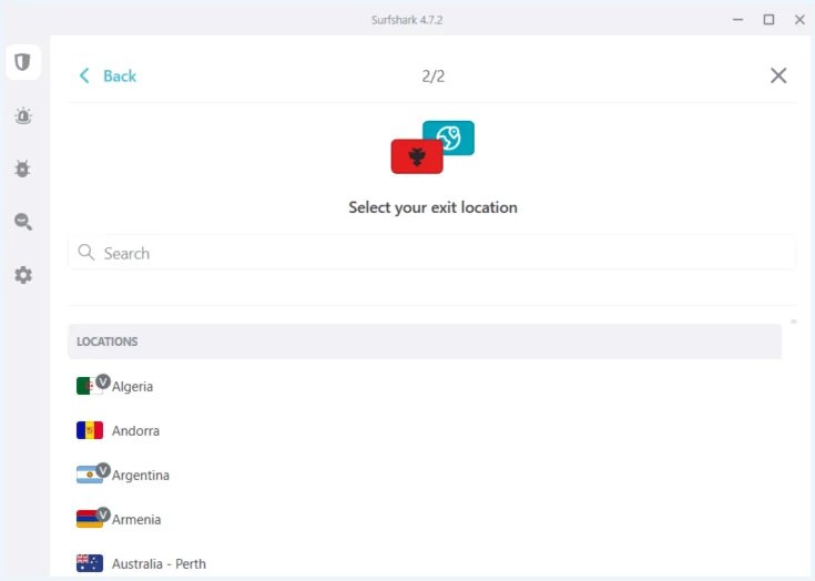Het scherm "Select your exit location" in de Surfshark VPN software om een tweede MultiHop server te selecteren