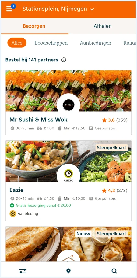 Homescherm van de app van Thuisbezorgd