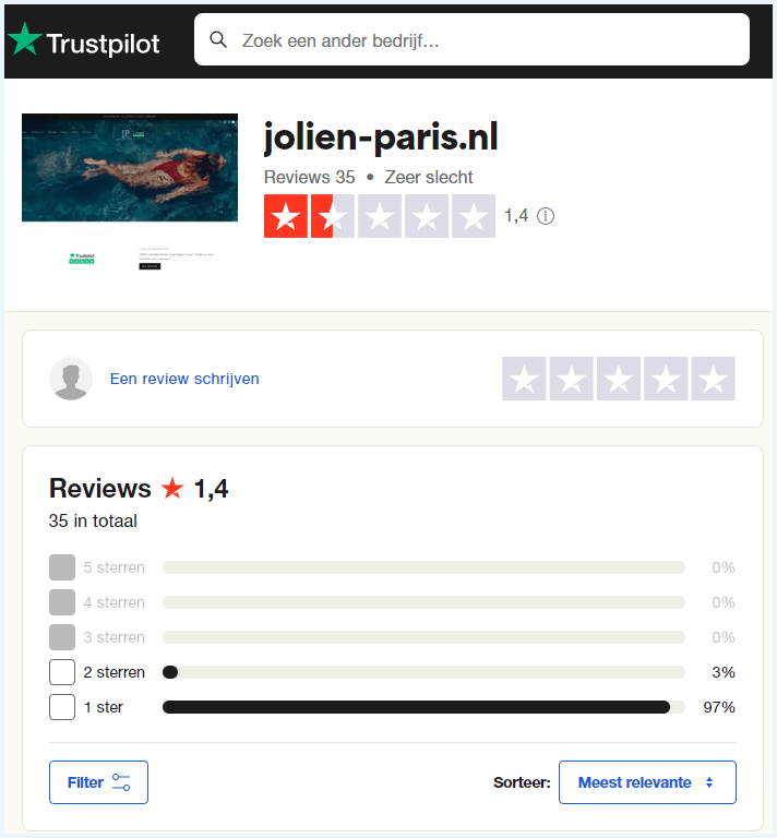 Reviews op de Trustpilot website van jolien-paris