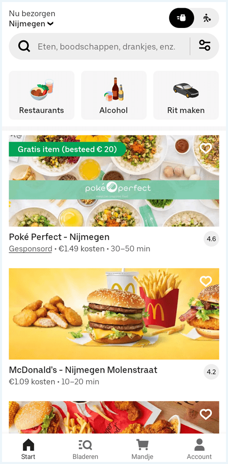 Homescherm van de app van Uber Eats