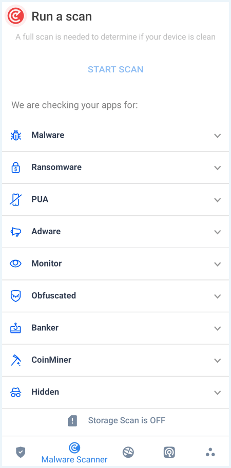 Het scher "Run a scan" in de Android app van Vipre Antivirus