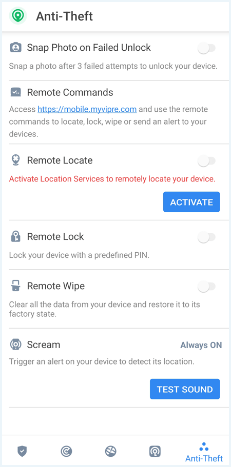 Anti-Theft scherm van Vipre Antivirus in de Android app
