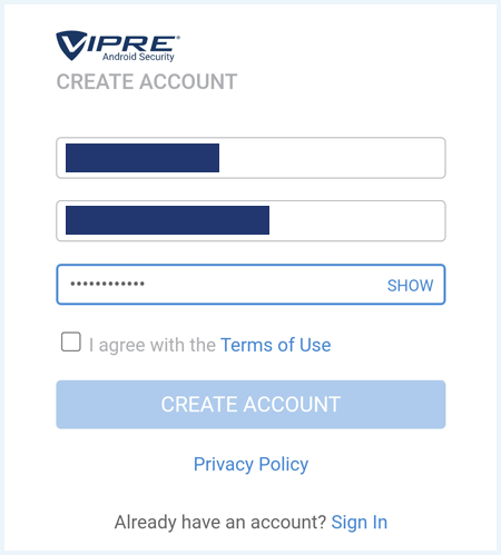 Create Account-scherm van Vipre Antivirus