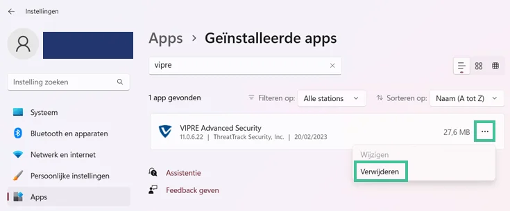 Vipre Antivirus in de Windows instellingen waarbij "Verwijderen" is uitgelicht