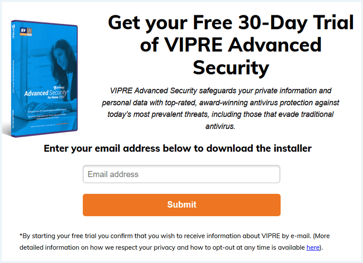 Invoerveld op de Vipre Antivirus website om een gratis proefaccount aan te maken