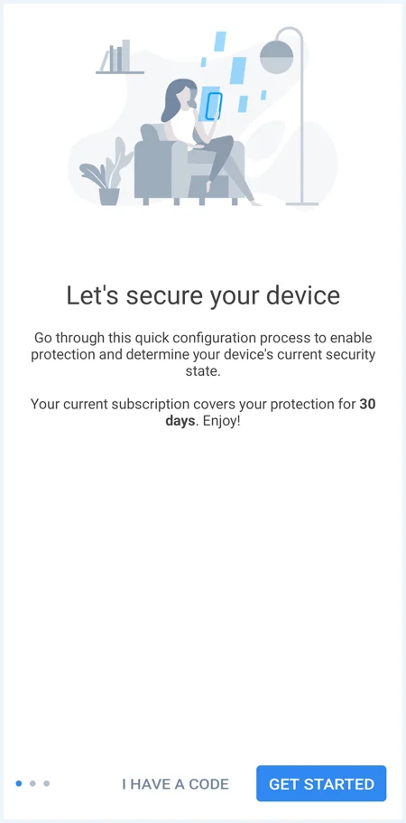 Het scherm "Let's secure your device" op de Vipre Antivirus Android app
