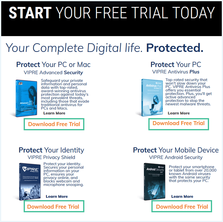 Vier gratis opties voor Vipre Antivirus zoals vermeld op hun website waarbij "Download Free Trial" is uitgelicht