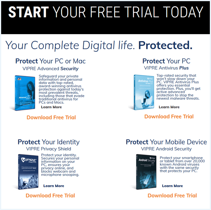 Vier gratis opties voor Vipre Antivirus zoals vermeld op hun website