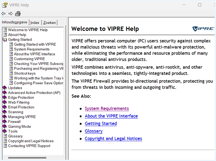 Helppagina van Vipre Antivirus