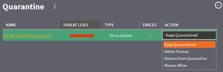 Het scherm "Quarantine" van de Vipre Antivirus software