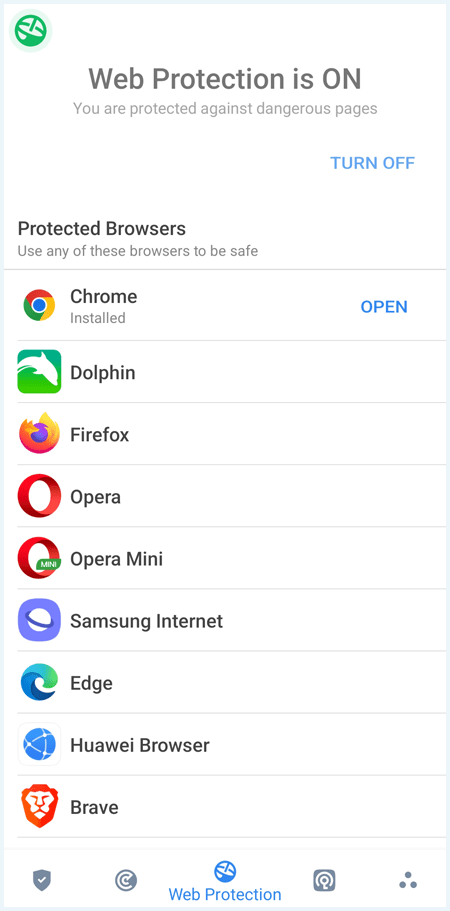 Android scherm waaraan te zien is dat "Web Protection" van Vipre Antivirus aan staat
