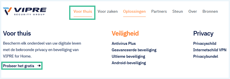 De website van Vipre Antivirus waarbij "Voor Thuis" en "Probeer het gratis" zijn uitgelicht