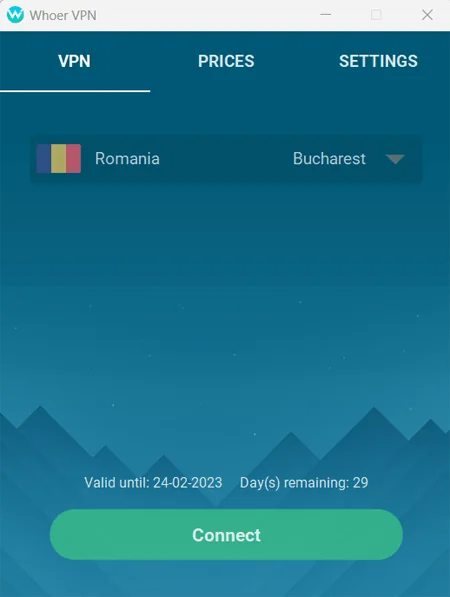 Homescherm van de Whoer VPN app