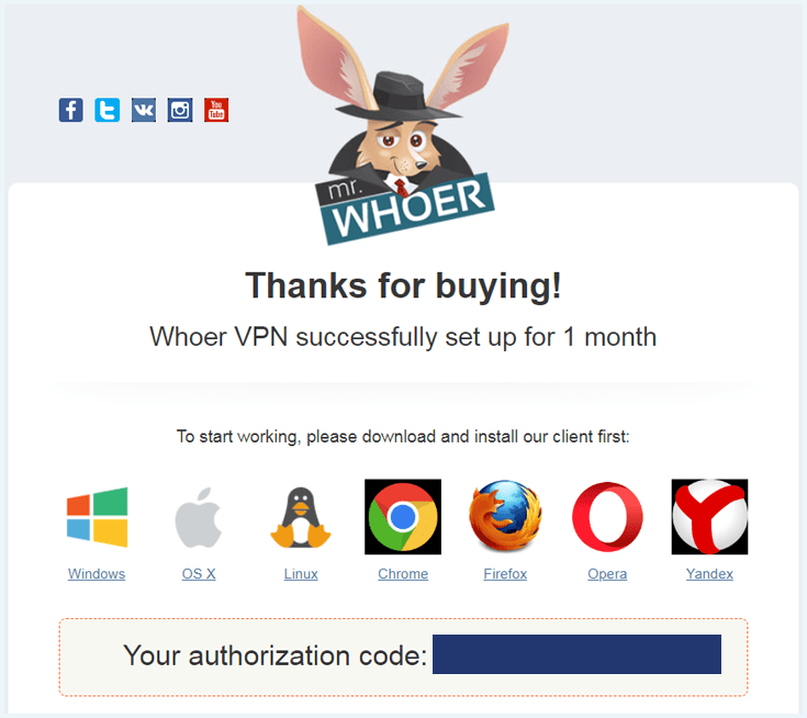 E-mail die je krijgt na het aanmaken van een Whoer VPN account met activatiecode