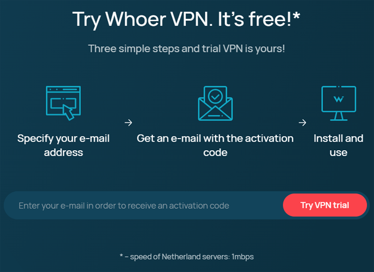 E-mail invoerveld op de Whoer VPN website om een gratis trial te beginnen