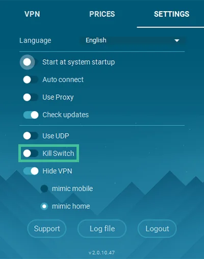 Instellingen van Whoer VPN waarbij "Kill Switch" is uitgelicht