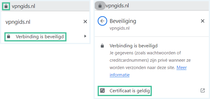 Twee screenshots van de VPNGids website waarbij je het HTTPS slotje ziet en de melding "Certificaat is geldig"