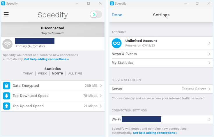 De schermen "Disconnected" en "Settings" in de Speedify app