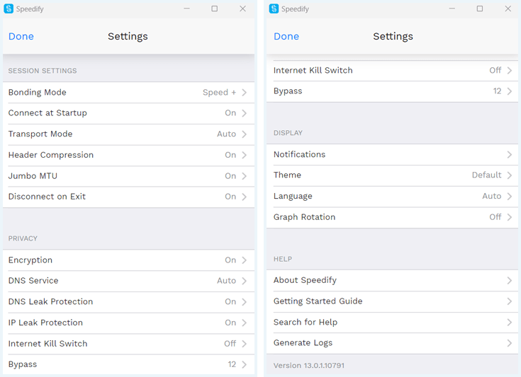 Verschillende opties in het scherm "Settings" van de Speedify app