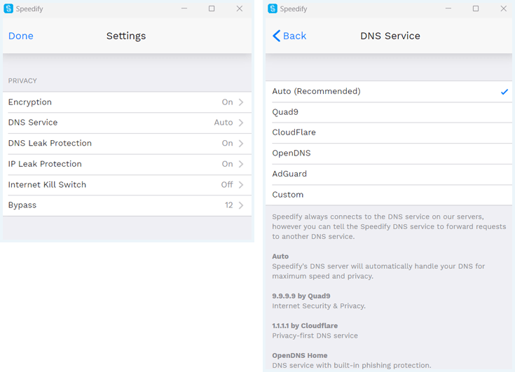 De schermen "Settings" en "DNS Service" in de Speedify app