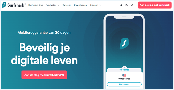 Homepage van de Surfshark website