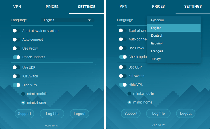 De instellingen en mogelijke talen van de Whoer VPN app naast elkaar
