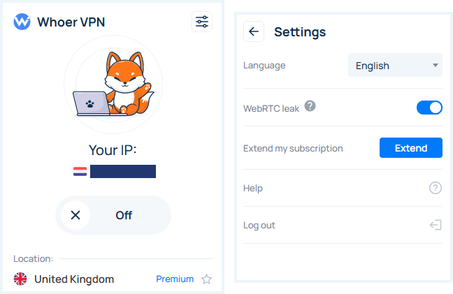 Het homescherm en de instellingen van de Whoer VPN browserextensie naast elkaar