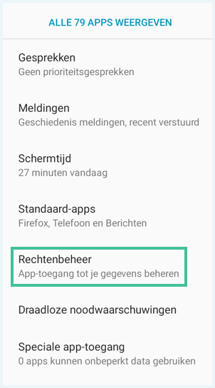 Android geavanceerde instellingen waarbij Rechtenbeheer is uitgelicht