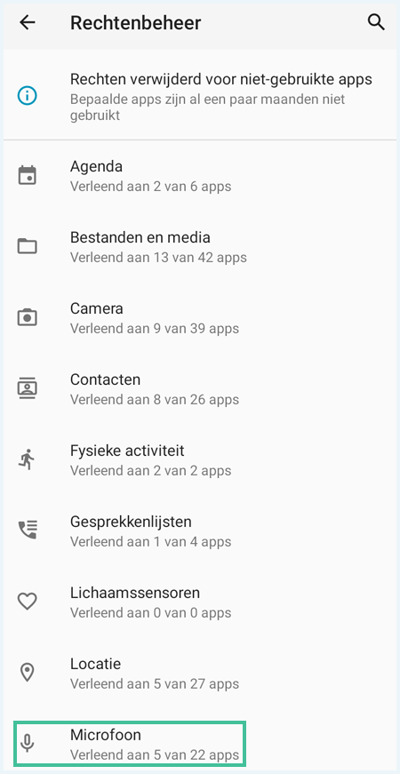 Android menu Rechtenbeheer waarbij Microfoon is uitgelicht