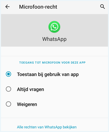 Androidscherm Microfoon-recht van de app WhatsApp
