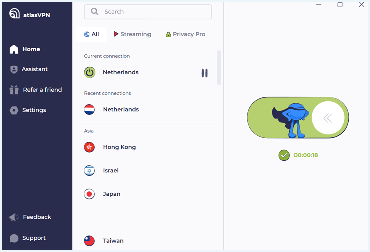 Homepage van de Atlas VPN app