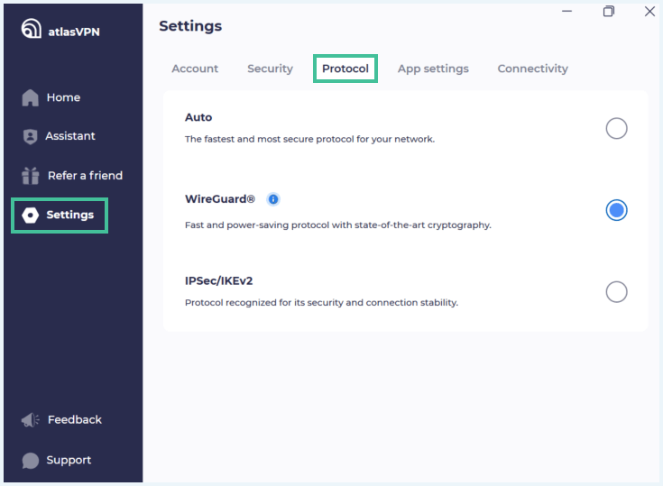 Settings-pagina van de Atlas VPN app waarbij het tabblad Protocol te zien is