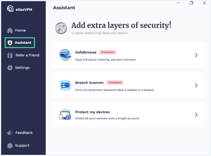 Assistant-pagina van de Atlas VPN app