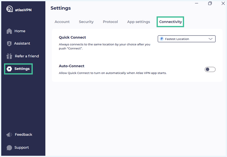 Settings-pagina van de Atlas VPN app waarbij het tabblad Connectivity te zien is