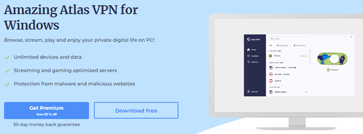 Windows downloadpagina van Atlas VPN waarbij duidelijk is dat er een gratis abonnement is