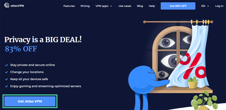 Homepage van Atlas VPN waarbij Get Atlas VPN is uitgelicht