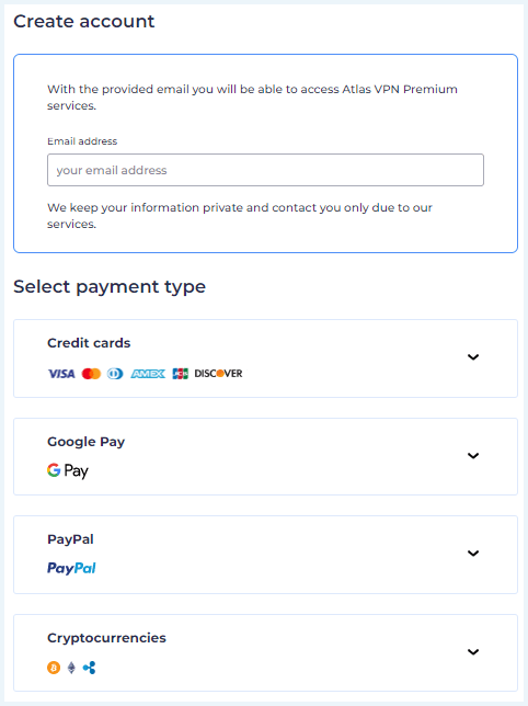 Create Account formulier op de website van Atlas VPN