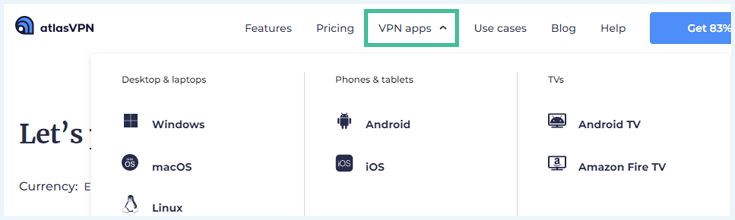 Homepage van Atlas VPN waarbij VPN Apps in het menu is uitgelicht