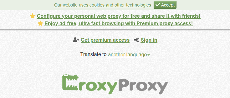 Homepage van de proxywebsite CroxyProxy
